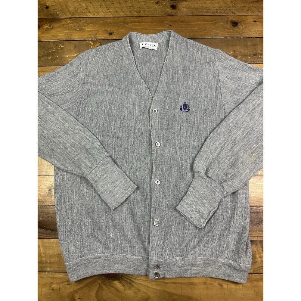 IZOD Vintage Cardigan Sweater Gray V-Neck Logo Button Acrylic Made In USA Sz XL